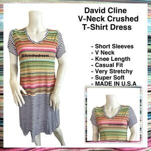 NWT David Cline V-Neck Short Sleeve T-Shirt Dress SZ Small Blue Stripe $119